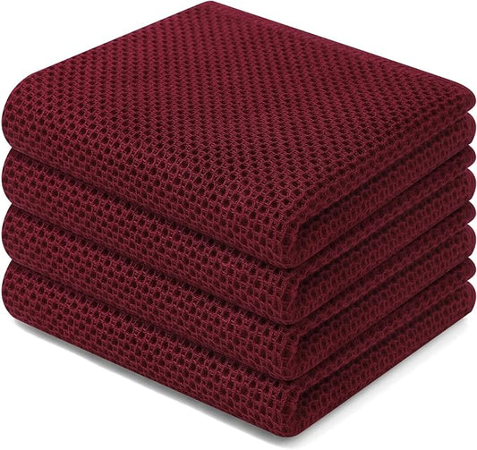 Homaxy 100% Cotton Waffle Weave Kitchen Dish Towels 4-Pack, Burgundy | 13 x 28 Inches, Ultra Soft Absorbent Dish Towels, Quick Drying Cleaning Towels by Homaxy
