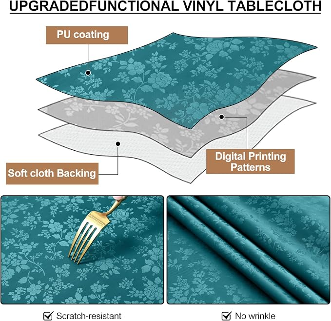 Smiry Rectangle Waterproof Heavy Duty Vinyl Tablecloths, 54 x 78 Inch | Wipeable Washable Floral Embossed Table Cover for Kitchen and Dining Room, Indoor & Outdoor Use, Emerald Green - Image 7