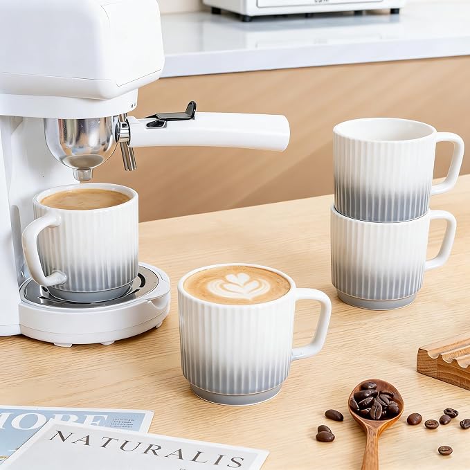 8 oz Stackable Coffee Mugs Set of 4, Ceramic Coffee Mug Cappuccino Cups | Coffee Cup for Hot Drinks, Latte, Cocoa & Tea, Coffee Mug for Home & Office Use, Birthday Gift for Coffee Lovers, Grey - Image 8