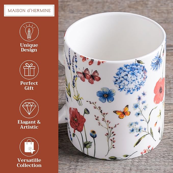 Maison d' Hermine Coffee Mug with Handles Tea Cups (12 Ounce, Pack of 1) | Fine Bone China Coffee Mugs for Hot Beverages Cappuccino Latte Home Restaurant Spring Summer -Just Floral - Poppies Always - Image 2