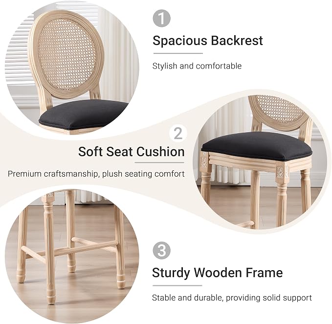 French Country Barstool, Linen Farmhouse Counter Height Chair | Set of 2, with Rattan Round Back and Solid Wood Legs, Oval Chairs for Restaurant, Bar, Kitchen, Café, Black - Image 4
