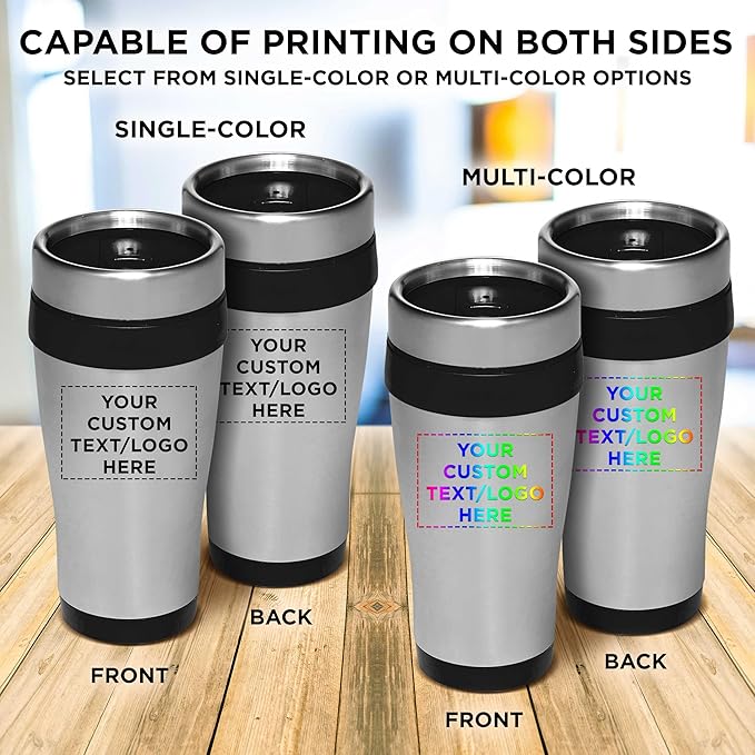 Custom Insulated Stainless Steel Travel Mugs 16 oz. Set of 50, Personalized Bulk Pack - Perfect for Coffee, Soda, Other Hot & Cold Beverages - Black