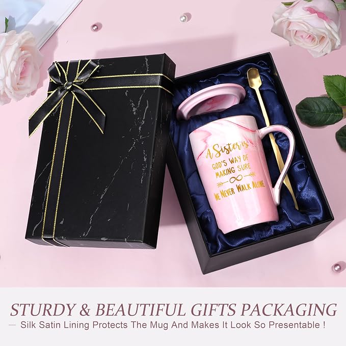 Sister Birthday Gifts from Sisters, A Sister Is God's Way Of Making Sure We Never Walk Alone Mug, Christmas Mothers Day Gifts for Sisters, 14 oz Pink Marble Gold Print Coffee Mug with Gift Box - Image 3