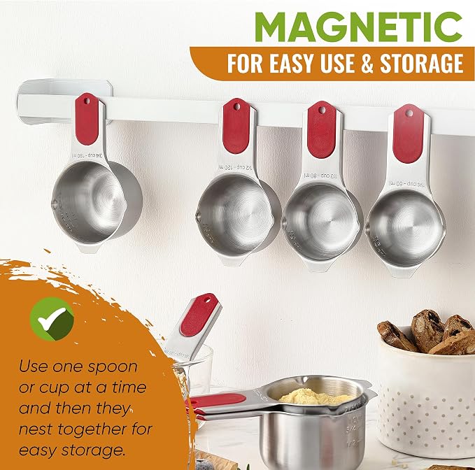 Spring Chef Magnetic Measuring Cups & Spoons Set of 15, Patented, Red | Stackable Stainless Steel Measuring Cups & Heavy Duty Metal Measuring Spoons with Levelers for Dry & Liquid Ingredients - Image 4