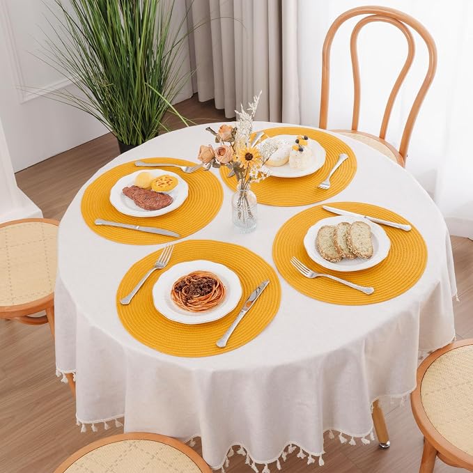 SHACOS 15 inch Round Braided Placemats Set of 6 Non Slip Washable Kitchen Table Place Mats Cotton Polyester Heat Resistant Table Mats for Home Wedding Dinner Party Table Decor, Mustard Yellow - Image 6