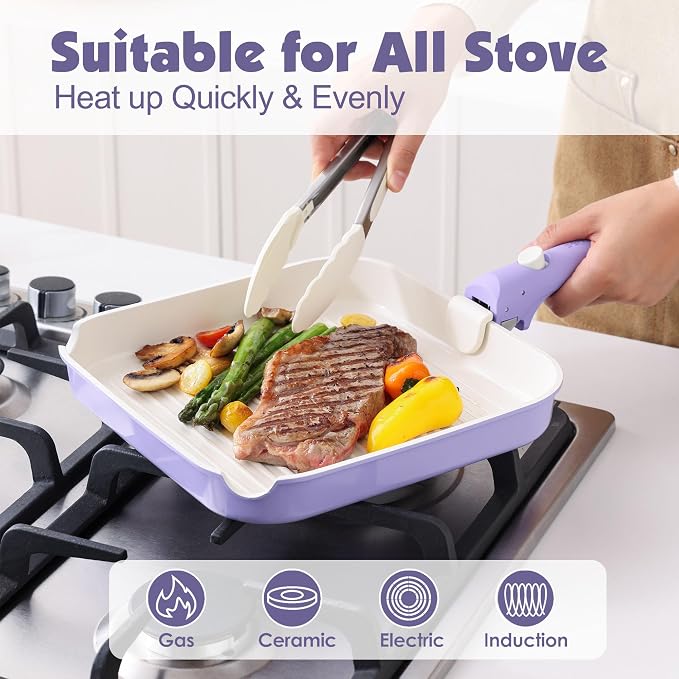 SENSARTE 17 Piece Ceramic Detachable Handle Pots and Pans Set Purple | Ceramic Cookware Set, Induction Cookware Set with Removable Handle, Healthy Non Stick for RV, Dishwasher ＆ Oven Safe - Image 6