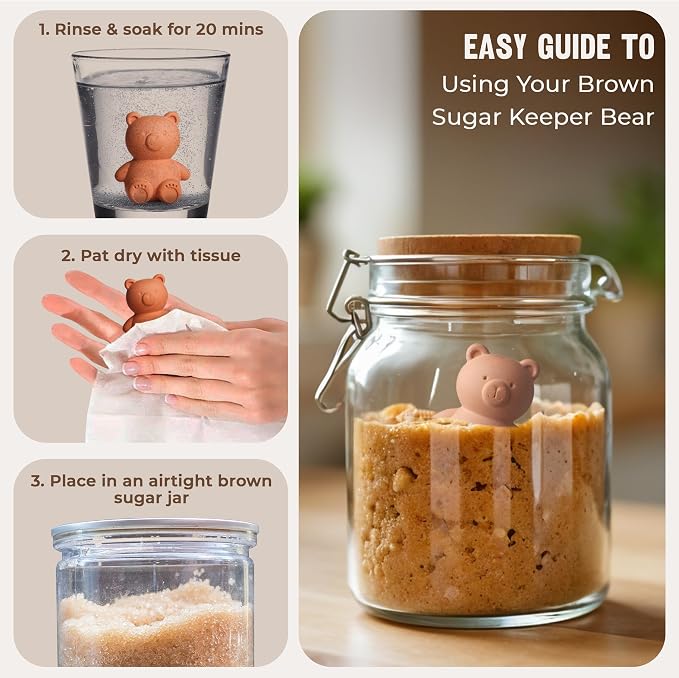 Brown Sugar Bear Keeper – 3D Terracotta Clay Sugar Saver Softener, Reusable Moisture Stone for Brown Sugar, Cookies, Marshmallows, Herbs, Baking & Kitchen Storage - Image 5