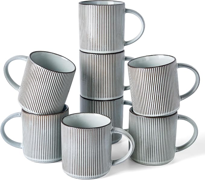 famiware Coffee Mug Set for 8, Star 16 oz Catering Mugs Cup Set with Handle for Coffee, Tea, Cocoa, Milk - Ceramic Stoneware Drinkware Set, Smoky Blue by Famiware