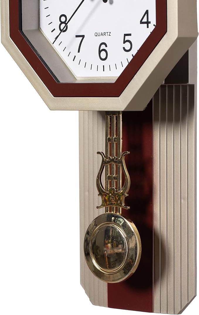 Clockswise Traditional Beige Round Wood- Looking Pendulum Plastic Wall Clock for Living Room, Kitchen, or Dining Room - Image 8