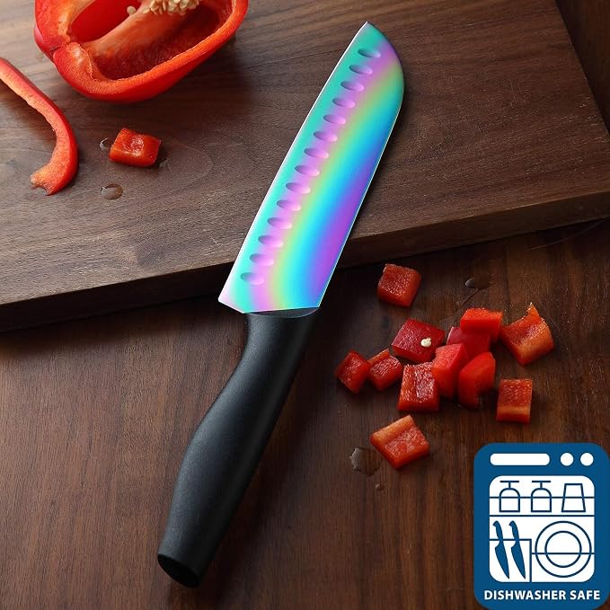 Marco Almond Knife Set w Block 14PC Rainbow Kitchen Knives Set | Stainless Steel,Razor Sharp,Anti-Rust,Restaurant Grade,Ergonomic Black Handle,Full Tang,Restaurant Grade,Gift Box - Image 8