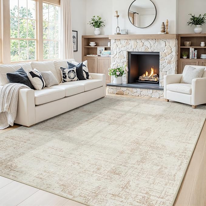 5x7 Washable Area Rug for Living Room Bedroom: Non-Slip Modern Beige White | Machine Washable TPR Backing, Stain-Resistant Low Pile, Pet & Kid Friendly, Abstract Decor for Dining Room, Dorm, Home Office - Image 2