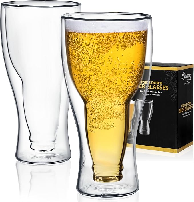 Dragon Glassware Upside Down Beer Glasses, 13.5 oz Set of 2 - Clear | Double Wall Insulated Beer Glass Set of 2; Upside Down Design; Holds One Full Bottle; Freezer Safe by DragonGlassware