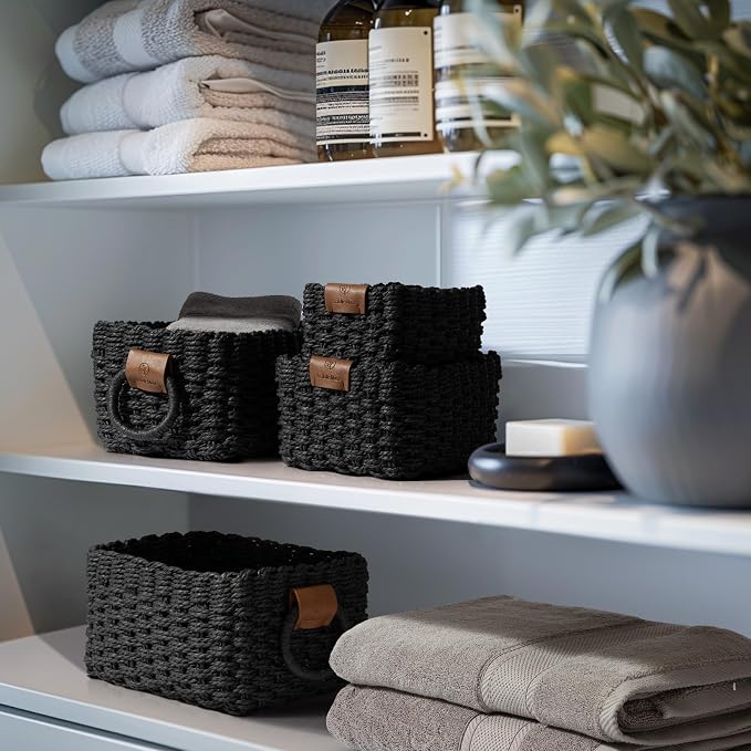 LA JOLIE MUSE Small Wicker Baskets for Organizing, Black 3 Pack | Decorative Organizer with Vegan Leather Tag, Round Handle, Storage Baskets for Shelves, Bedroom, Kitchen, Office and Home - Image 3