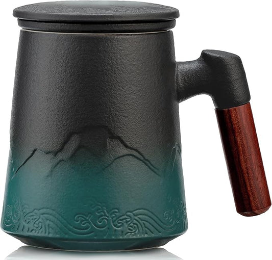 suyika Tea Cup with Infuser and Lid, 15.2 Ounce Wood Handle Ceramic Loose Leaf Mug Gradient Black&Green 450ml by suyika