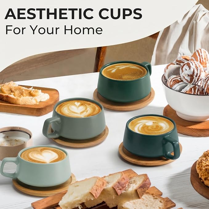 MIAMIO - Cappuccino Cup Set of 4, Ceramic, Wide (9.5oz) - Luxe (Evergreen) | Ceramic cappuccino cups and saucers, wide latte cups and mugs for Americano, 4-piece set of ceramic cups, dishwasher safe - Image 2