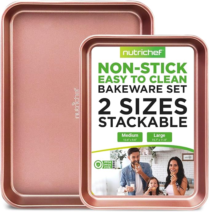 NutriChef Nonstick Cookie Sheet Baking Pan - 2pc Large & Medium Metal Oven Baking Tray, Professional Quality Kitchen Cooking Non-Stick Bake Trays w/ Rimmed Borders, Rose Gold by NutriChef%E2%84%A2Kitchen