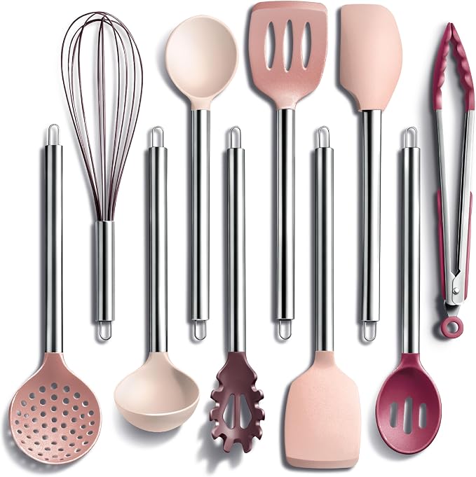 COOK WITH COLOR Silicone Cooking Utensils, Kitchen Utensil Set, Easy to Clean Silicone Kitchen Utensils, Cooking Utensils for Nonstick Cookware, Kitchen Gadgets Set, 10 Pieces, Rose by CookwithColor