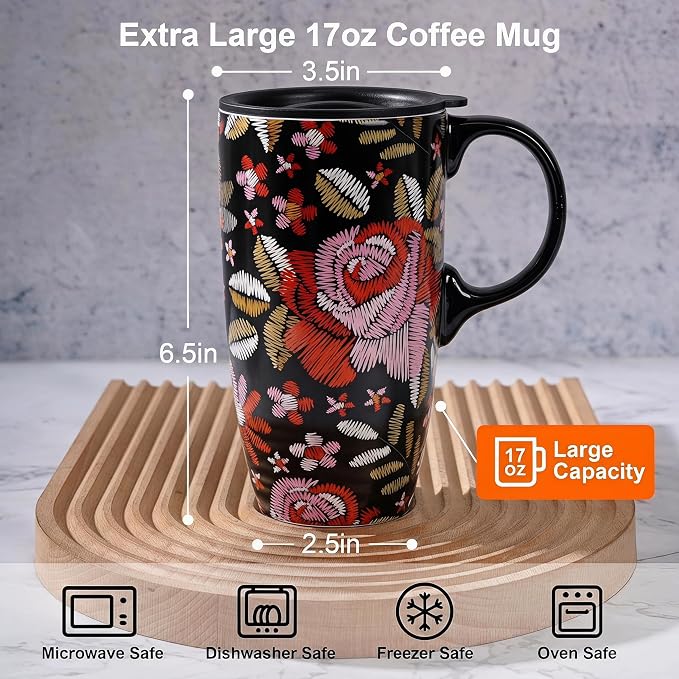 Topadorn Ceramic Travel Mug with Lid, 17oz Embroidered Floral Mug | 17oz Ceramic Travel Mug • Embroidered Floral Design • Coffee Mug with Lid • Microwave & Dishwasher Safe • Gift Box - Image 9