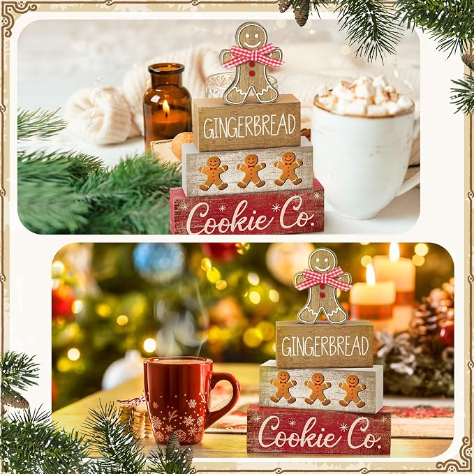 Moucuny 4 Pcs Christmas Table Decor Gingerbread Man Decoration Christmas Centerpiece Winter Tiered Tray Decor Rustic Gingerbread Block Signs Gift Winter Table Decoration for Xmas Party Kitchen Home - Image 4