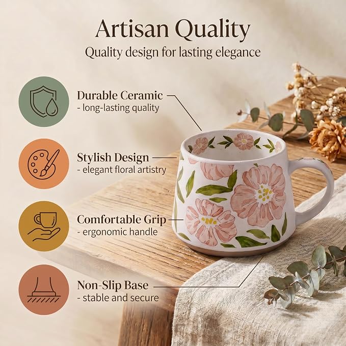 Ceramic Coffee Mug, 13oz Floral Design Pottery cute mugs, Ideal Gift for Women unique vintage pretty coffee mugs (Pink Bulky Flower Mug) - Image 4