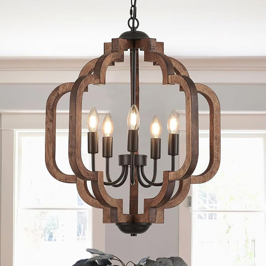 20.5" Farmhouse Vintage Chandelier 5-Light for Dining Room Rustic Handmade Wood Hanging Ceiling Pendant Light Fixture for Entryway Brown Retro Chandeliers for Kitchen Bedroom Foyer Hallway by Lighceac-ProfessionalLightingFixturesManufacturer
