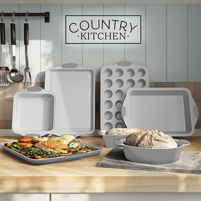 Country Kitchen Nonstick Stackable Bakeware Set - Heavy Duty, Durable, Easy Release Baking Set, Silver, 10 Pcs