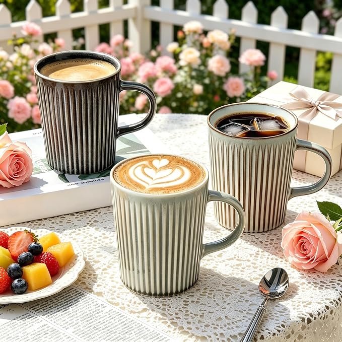 Coffee Mugs Set of 4, 18oz Large Striped Stoneware Coffee Cups with Handle | Handmade Ceramic Mugs Set for Women and Men, Dishwasher and Microwave Safe, Suitable for Hot Coffee, Tea, Cocoa, Milk, Glossy - Image 6