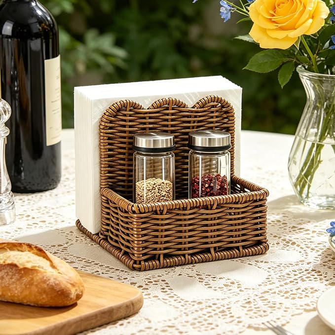 Plastic Rattan Scalloped Perimeter Napkin Holder for Table, Salt and Pepper Shakers Holder - Countertop Organizer for Rustic Room Decor, Brown (Without Salt, Pepper Shakers & Napkins) - Image 5
