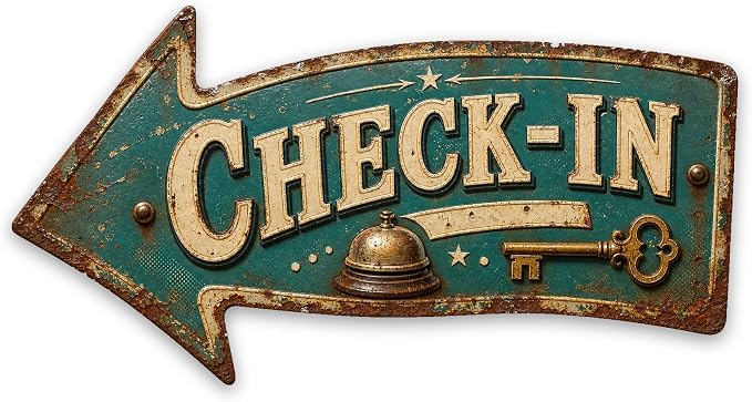 Check-In Left-Pointing Arrow Sign — Die-Cut Metal Directional Wall Decor | powder-coated metal, vintage, durable print, ready to hang by MRC+Wood+Products