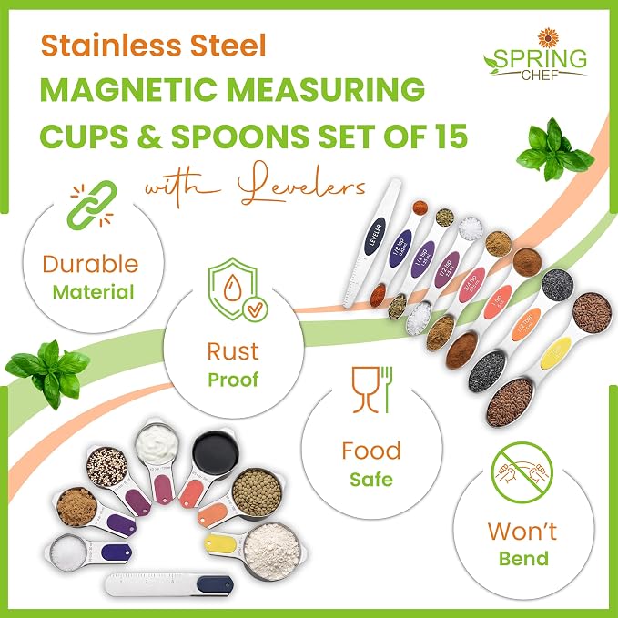 Spring Chef Magnetic Measuring Cups & Spoons Set of 15, Mountain Sunrise | Patented Nesting Stainless Steel Measuring Cups & Heavy Duty Metal Measuring Spoons w/ Levelers for Dry & Liquid Ingredients - Image 2