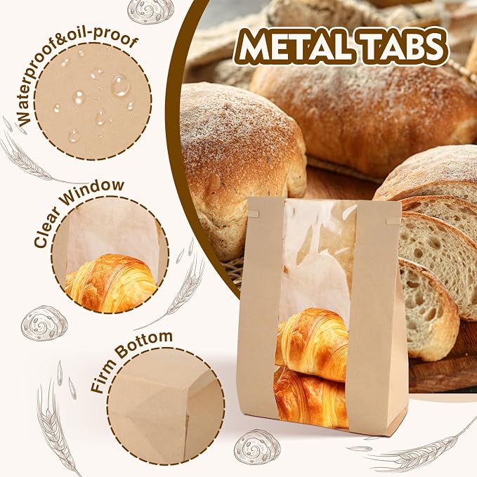 30 Pack Bakery Bags with Window Kraft Paper Bread Bags Bread Loaf Bags with Tin Tie Tab Lock Toast Bags Baked Food Packaging Storage - Image 3