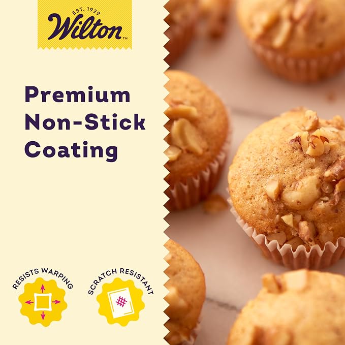 Wilton Gold Non-Stick Muffin Pan, Made Without PFAS, 24-Cup | Non-Stick Steel with Scratch-Resistant Coating, Resists Warping, Extended Handles, Dishwasher Safe, Perfect for Cupcakes - Image 5
