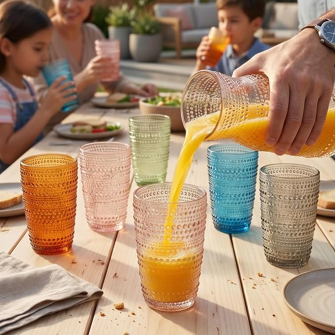 Khen Beaded Highball Tumbler Drinking Glasses Set | Set of 6 | Vintage Hobnail Bubble Design Whiskey Glassware, Old-Fashioned, Art Deco Glass for Water, Wine, Cocktail Dishwasher Safe (14.6 OZ) - Image 8