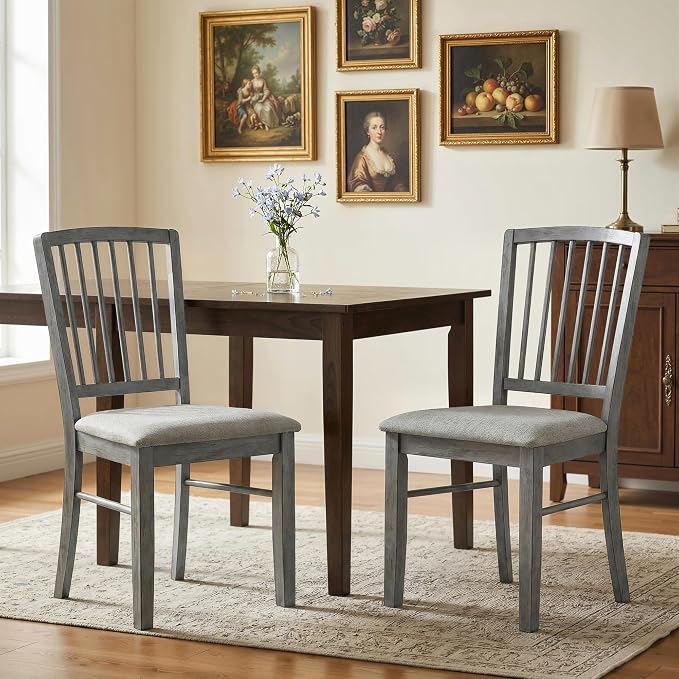 HOMCOM Farmhouse Dining Chairs Set of 2 Rubberwood Legs, Rustic Gray | Upholstered Linen Fabric, Kitchen Chairs, for Kitchen, Dining Room by HOMCOM