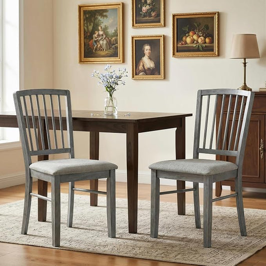 HOMCOM Farmhouse Dining Chairs Set of 2 Rubberwood Legs, Rustic Gray | Upholstered Linen Fabric, Kitchen Chairs, for Kitchen, Dining Room by HOMCOM
