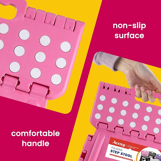 ACSTEP 9" Folding Step Stool for Kids, Holds 300 lb Foldable Stools, Pink | Heavy Duty Collapsible Foot Stools, Lightweight, Non-Slip, for Toddler/Adults Kitchen Bathroom Bedroom Outdoor, with Handle - Image 3