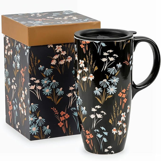 Topadorn 17oz Ceramic Travel Mug with Lid, Cottagecore Wildflower Cup | Large Ceramic Coffee Mug • Meadow Floral Design • Comfortable Handle • Microwave & Dishwasher Safe • Gift Box by Topadorn