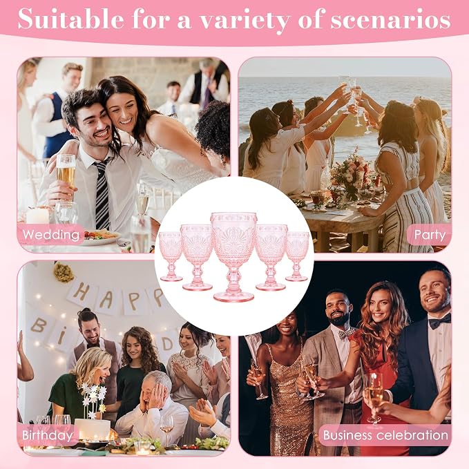6 Pcs Pink Wine Glasses,Goblet Glasses,Vintage Glassware, Made of Sturdy and Durable Glass Can be Used for Weddings, Everyday Fun Parties and More! - Image 6