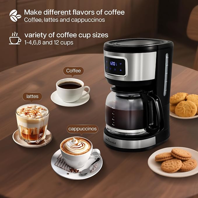 12 Cup Programmable Drip Coffee Maker, Touchscreen Brewer | 2Hour Keep-Warm Function, 2Hour Auto Shut-Off, Built-In Permanent Filter for Daily Household Coffee Brewing,Stainless Steel - Image 6