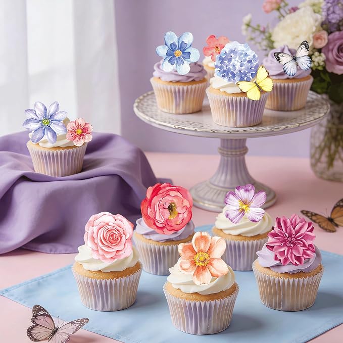 138pcs Edible Flower Butterflies Cake Topper Wafer Paper Flower Cupcake Toppers Mixed Size Hawaiian Flower Cake Decorations for Tropical Luau Birthday Baby Shower Party Supplies - Image 5