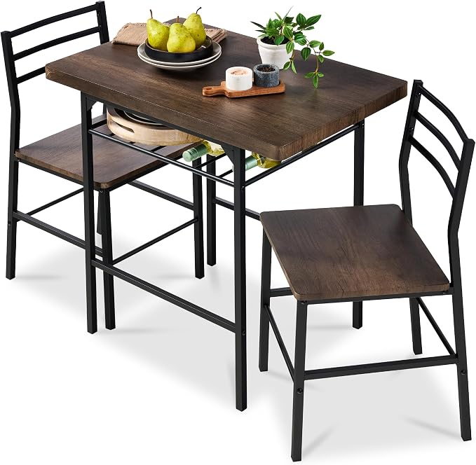 Best Choice Products 3-Piece Modern Dining Set, Space Saving Dinette for Kitchen, Dining Room, Small Space w/Steel Frame, Built-in Storage Rack - Dark Brown/Black by Unknown