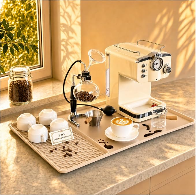 Caketime 2 In 1 Silicone Coffee Bar Mat Accessories for espresso Machine with Detachable Dish Drying Rug Waterproof Kitchen Office House Gadgets Under Sink Drainer Supplies 16"x24" Extra Large Beige by CAKETIME