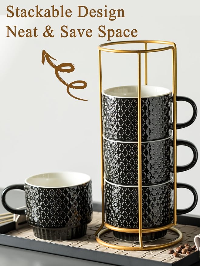Gomakren Coffee Mugs Set of 4, 13oz Stackable Coffee Cups with Stand, Black | Gloss Embossed Stoneware, Gold Rack & Spoons | for Coffee, Milk, Tea, Cocoa, Daily & Gifting Use | Microwave/Dishwasher Safe - Image 3
