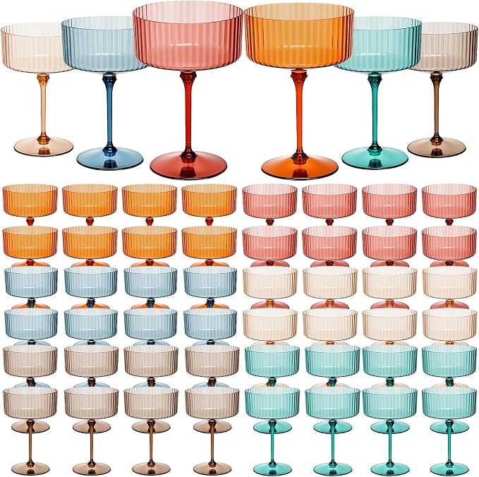 Jingmore 48 Pcs Ribbed Martini Glasses 10 oz Disposable Plastic Vintage Ribbed Coupe Glasses Unbreakable Dessert Parfait Glassware for Wedding Birthday Party Supplies (Classic Color) by Jingmore