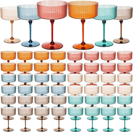 Jingmore 48 Pcs Ribbed Martini Glasses 10 oz Disposable Plastic Vintage Ribbed Coupe Glasses Unbreakable Dessert Parfait Glassware for Wedding Birthday Party Supplies (Classic Color) by Jingmore