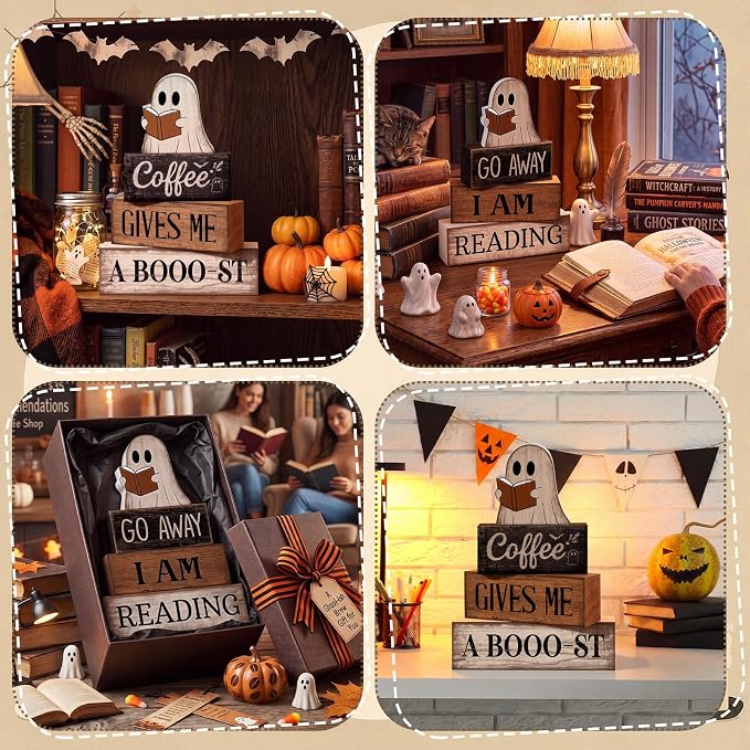 Moucuny 4 Pcs Halloween Table Decoration Wooden Ghost Reading Stacked Block Decor, "Go Away I Am Reading" Sign, Rustic Ghost Centerpiece Book Lover Halloween Tiered Tray Decor for Home Office Library - Image 5