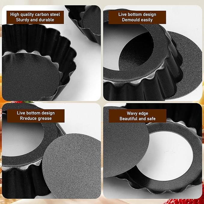 30 Pcs Mini Tart Pans with Removable Bottom,3 Inch Egg Tart Molds | Nonstick Quiche Pie Pan,Small Black Round Bakeware Mold Fluted Side for Pies,Mousse Cake - Image 3