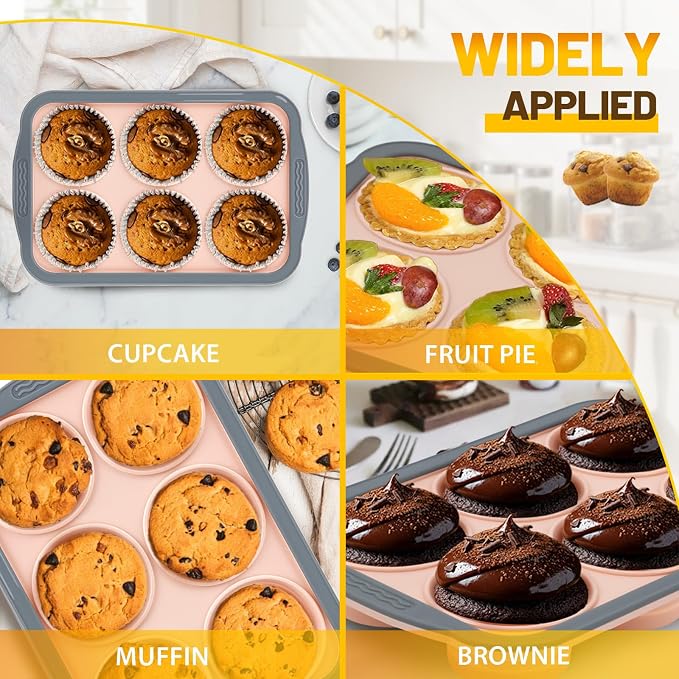 Silicone Muffin Pan, 6 Cups Non-Stick Cupcake Pan, Food-Grade BPA-Free Muffin Tin, Oven-Safe 450 °F, Reinforced Steel Frame, Easy-Grab Handles, Quick-Release 2.7" Baking Molds for Mini Treats - Image 6