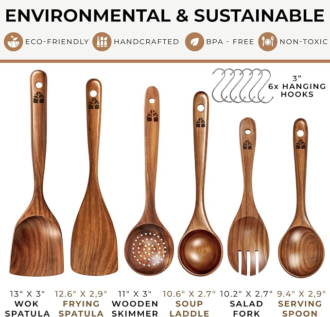 Wooden Spoons for Cooking – 6 Pcs Premium Teak Wooden Utensil Set | Durable, Nonstick Safe, Heat Resistant & Easy to Clean with Ergonomic Handles - Image 4