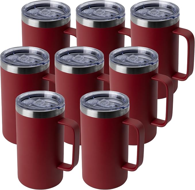 DOMICARE 24oz Mug with Handle and Lid, Stainless Steel Coffee Mug, Travel Mug with Handle, Double Wall Vacuum Coffee Tumbler, Reusable Insulated Cup, Dark Red, Pack 8 by VisittheDOMICARE